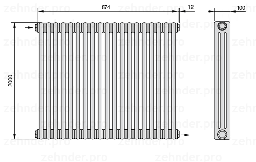 Схема (чертеж) Радиатор Zehnder Charleston 3200/19 №1670 Белый глянцевый RAL 9016